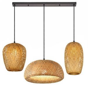 Plafonnier suspendu avec trois lampes en bambou, fait à la main, avec accroche rectangulaire