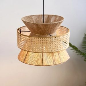 Plafonnier naturel en rotin et corde de chanvre de style japonais